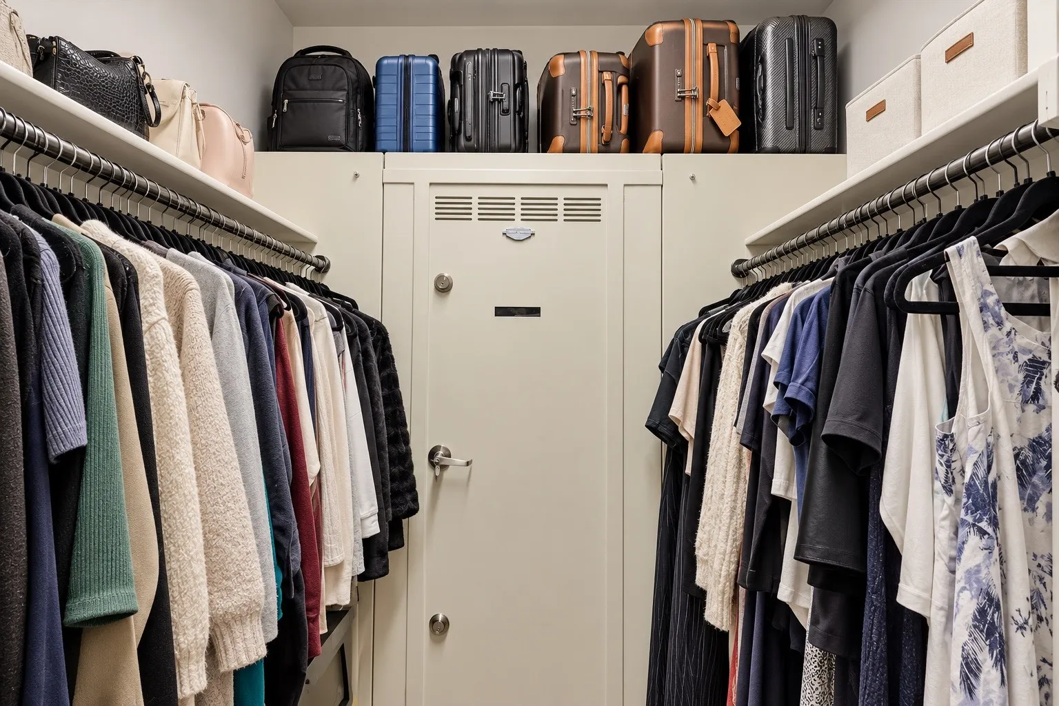 Oversized primary walk-in closet featuring a discreet Closet Centurion steel shelter and bullet-resistant safe room, seamlessly integrated into the space for added security and peace of mind while remaining unobtrusive in everyday use.