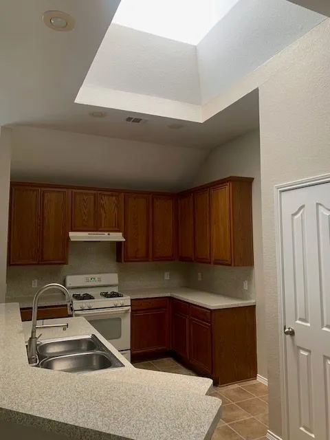 Kitchen featuring wood cabinetry, solid surface countertops, a stainless steel double basin sink, and a gas range