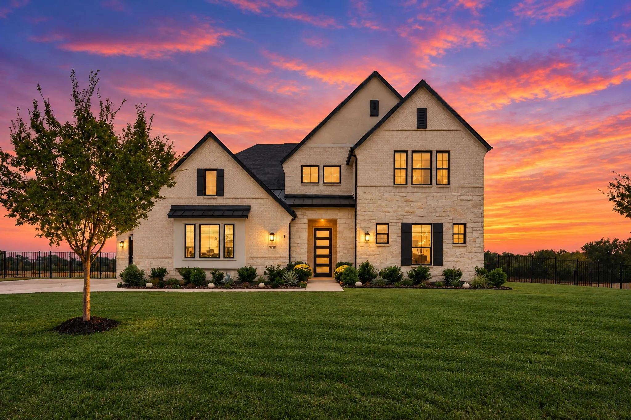 Stone façade with black framed windows, dark roof, modern entry door, and manicured lawn