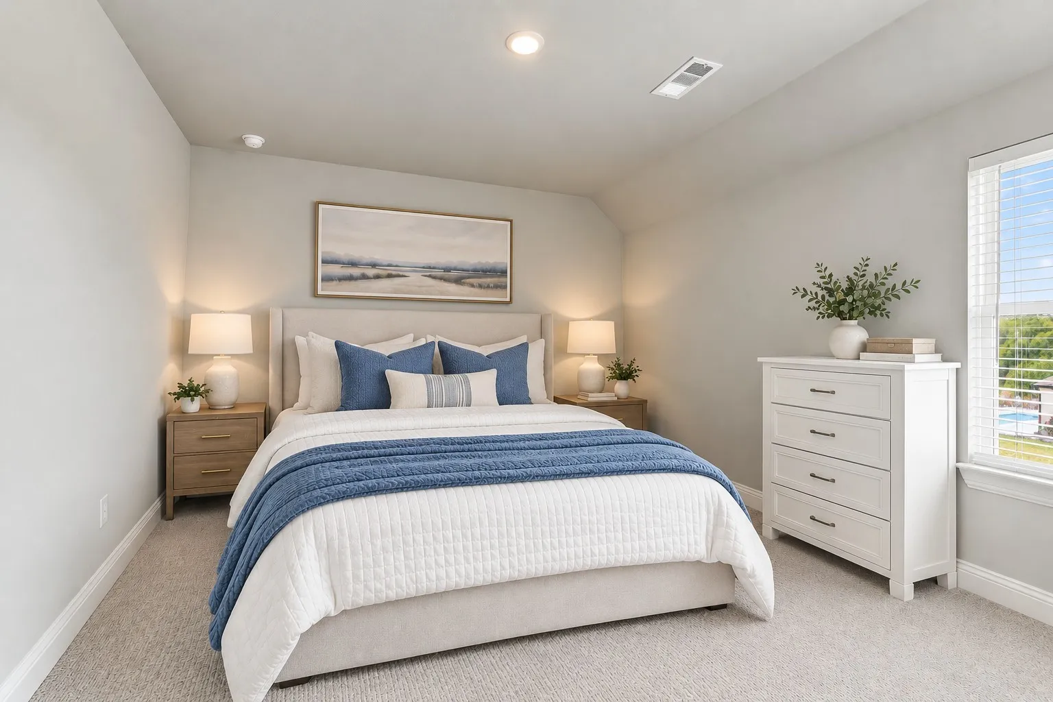 Carpeted flooring, window with blinds, recessed lighting, and sloped ceiling