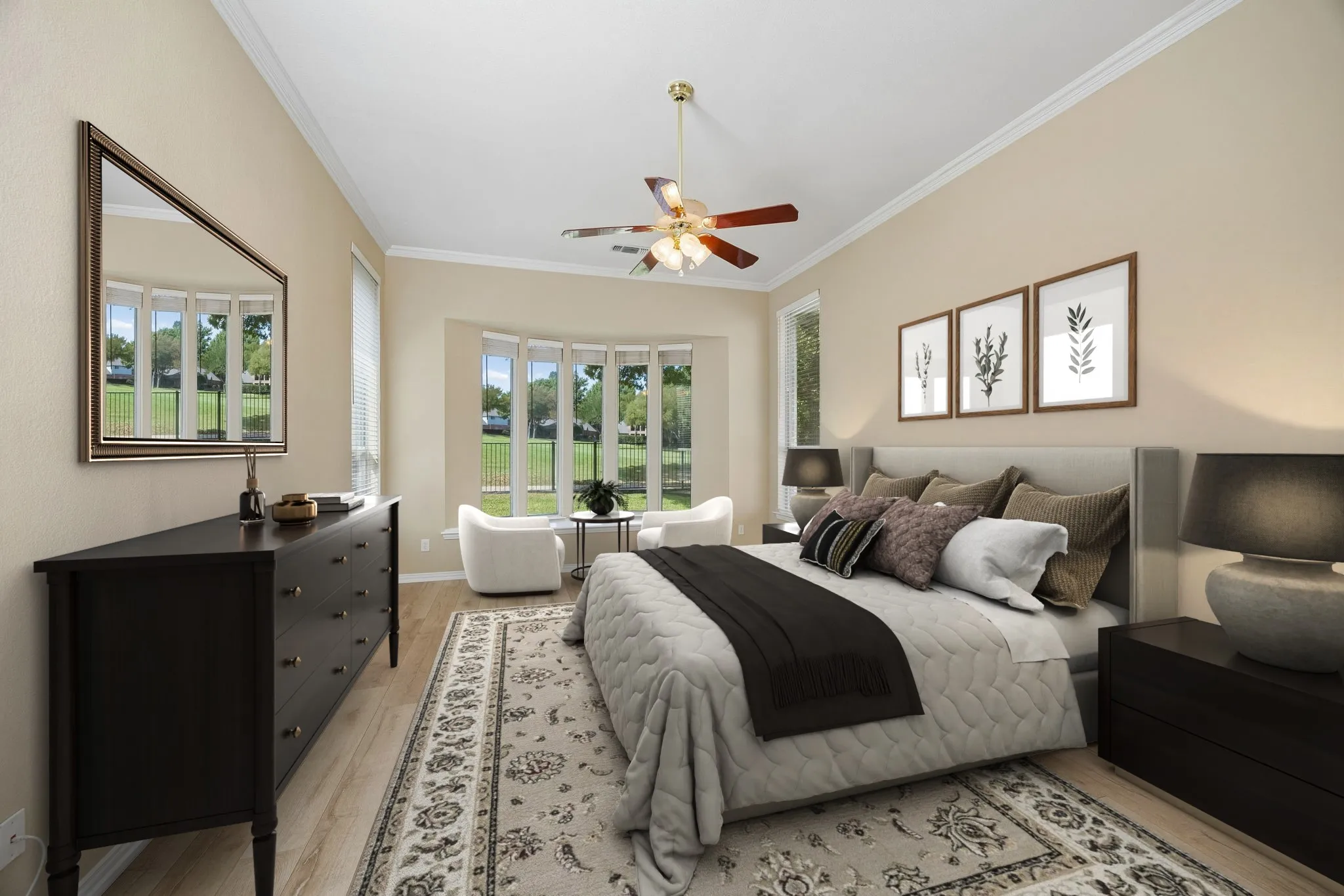 The first floor primary bedroom enjoys views of the backyard from the window seat with bay window. The spacious room allows space for a small sitting area to enjoy those views. (Virtually staged to show potential.)