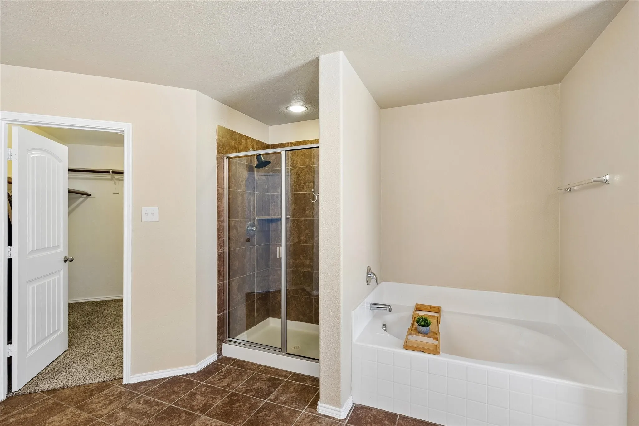Separate shower and tub.  One closet inside the bath and one in the primary bedroom.