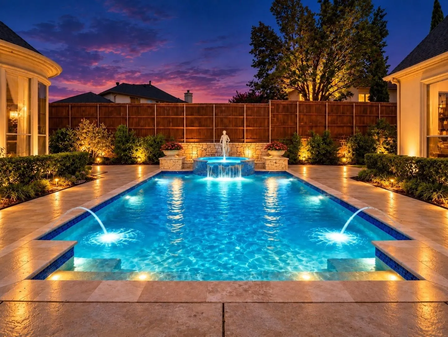 Rectangular swimming pool with integrated fountains, a raised spa with a cascading waterfall feature, and surrounding stone decking