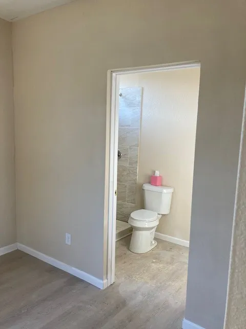 Light wood-finish flooring extending into a doorway