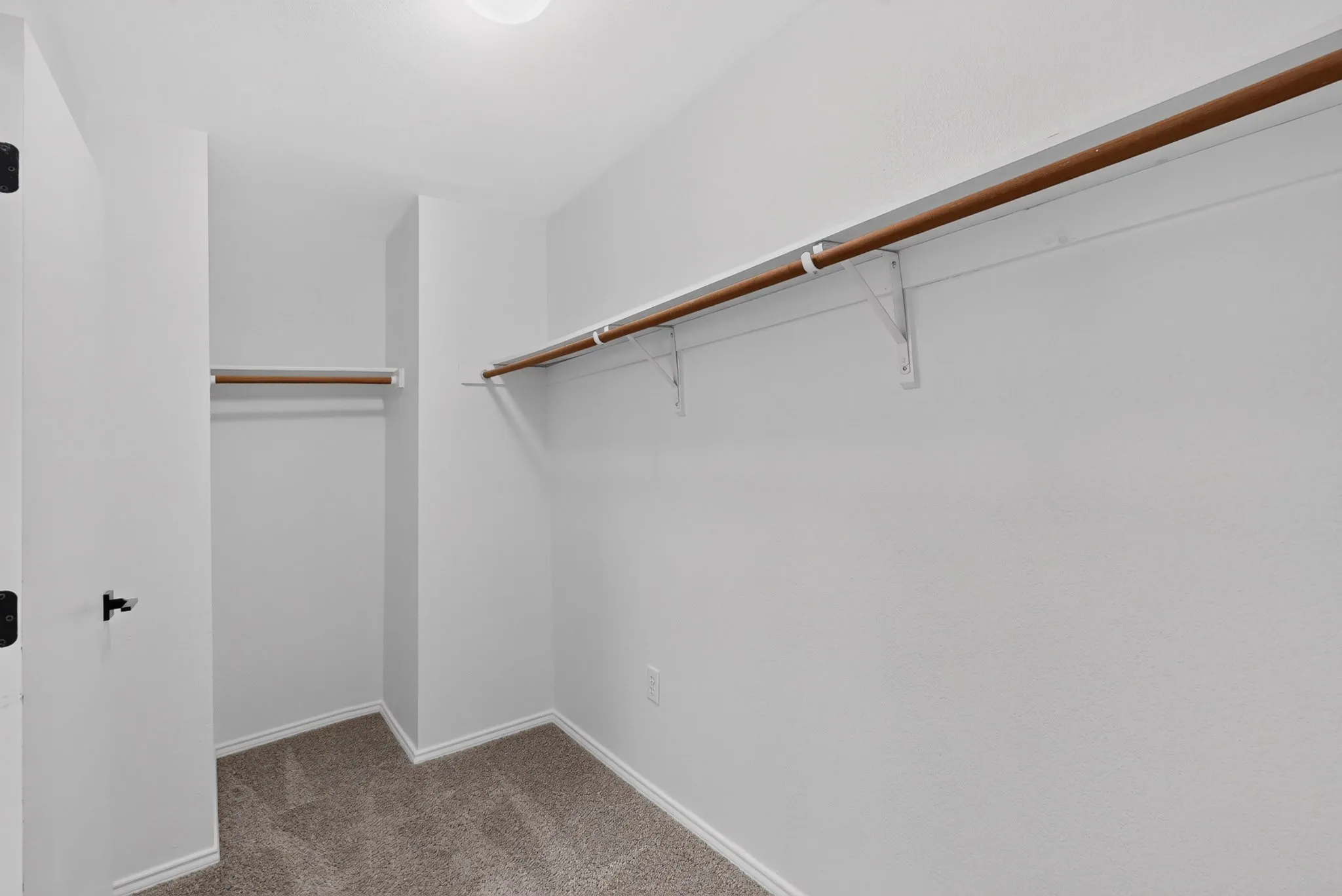 Spacious closet featuring two clothing rods, integrated shelving, and neutral carpet flooring