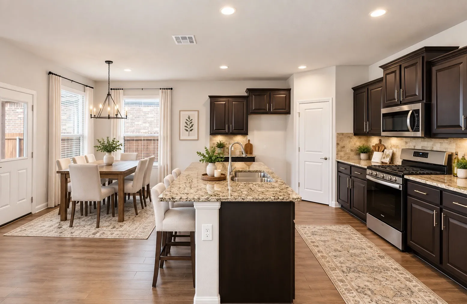 Open-concept kitchen and dining area. Virtually staged.