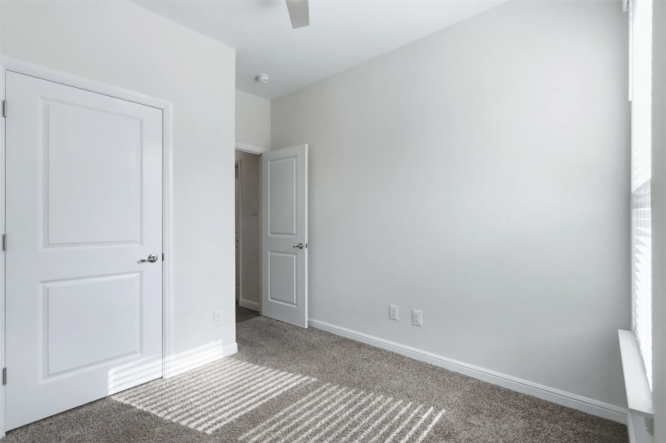 Neutral wall paint with carpet flooring, a ceiling fan, and white doors