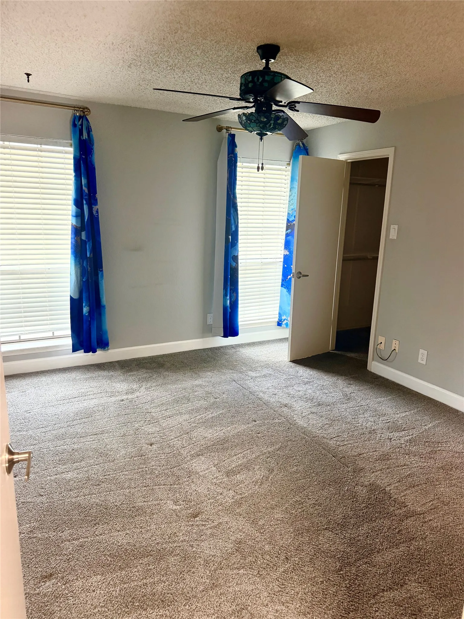 Textured carpeting, two windows with horizontal blinds, overhead ceiling fan with lighting, and a walk-in closet
