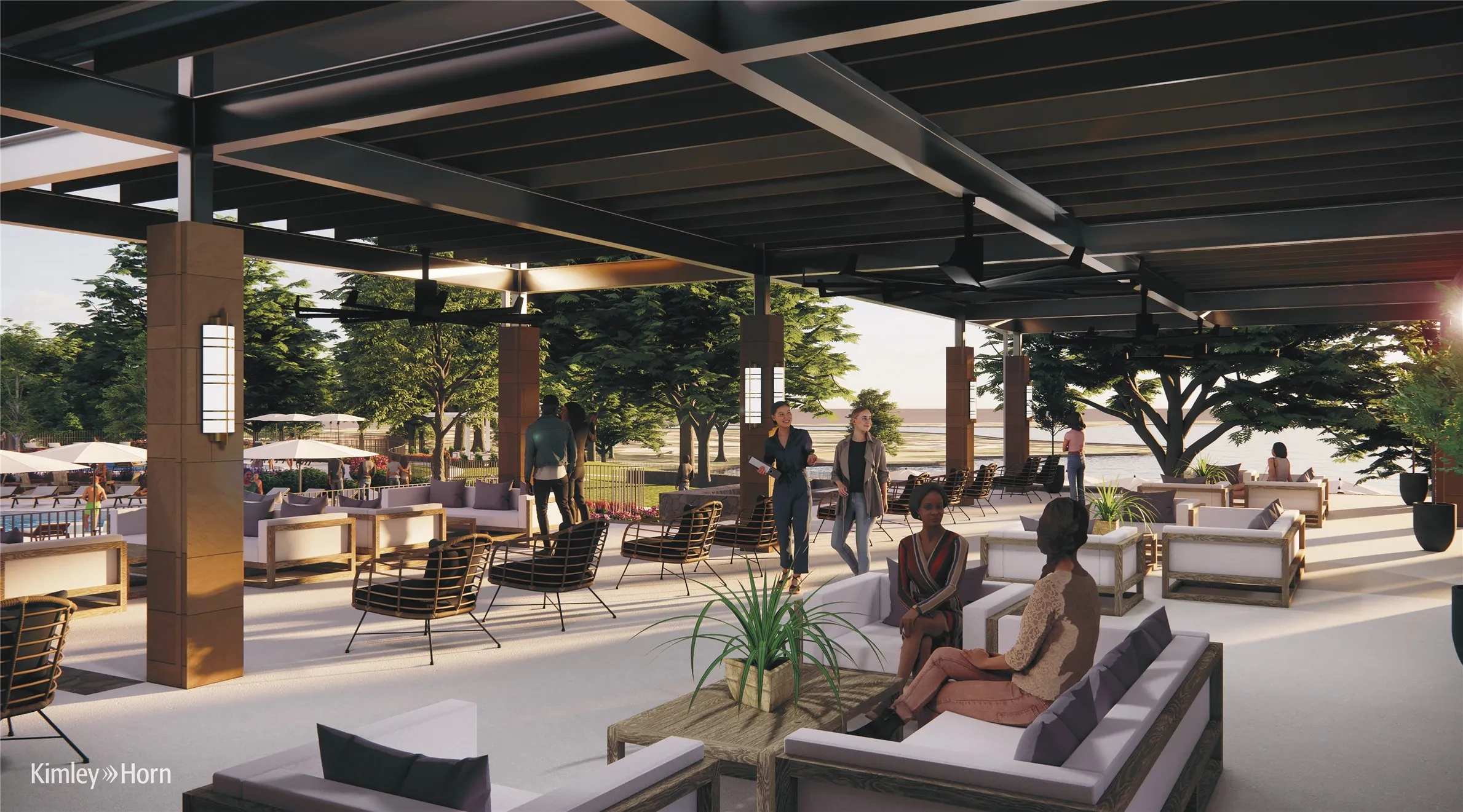 Expansive covered patio with a dark-finish beam structure, integrated ceiling fans, and contemporary wall-mounted lighting