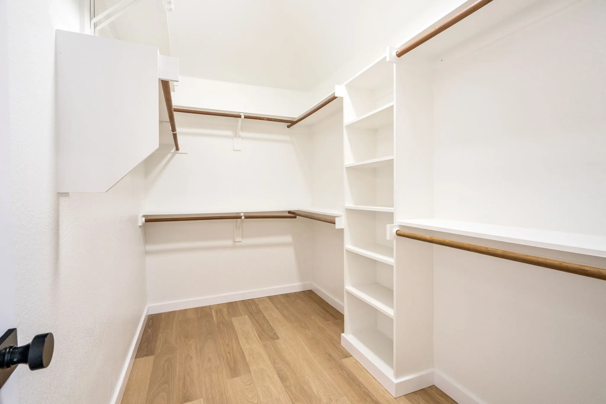 Walk-in closet featuring wood-finish flooring, multiple shelving units, and ample hanging rods