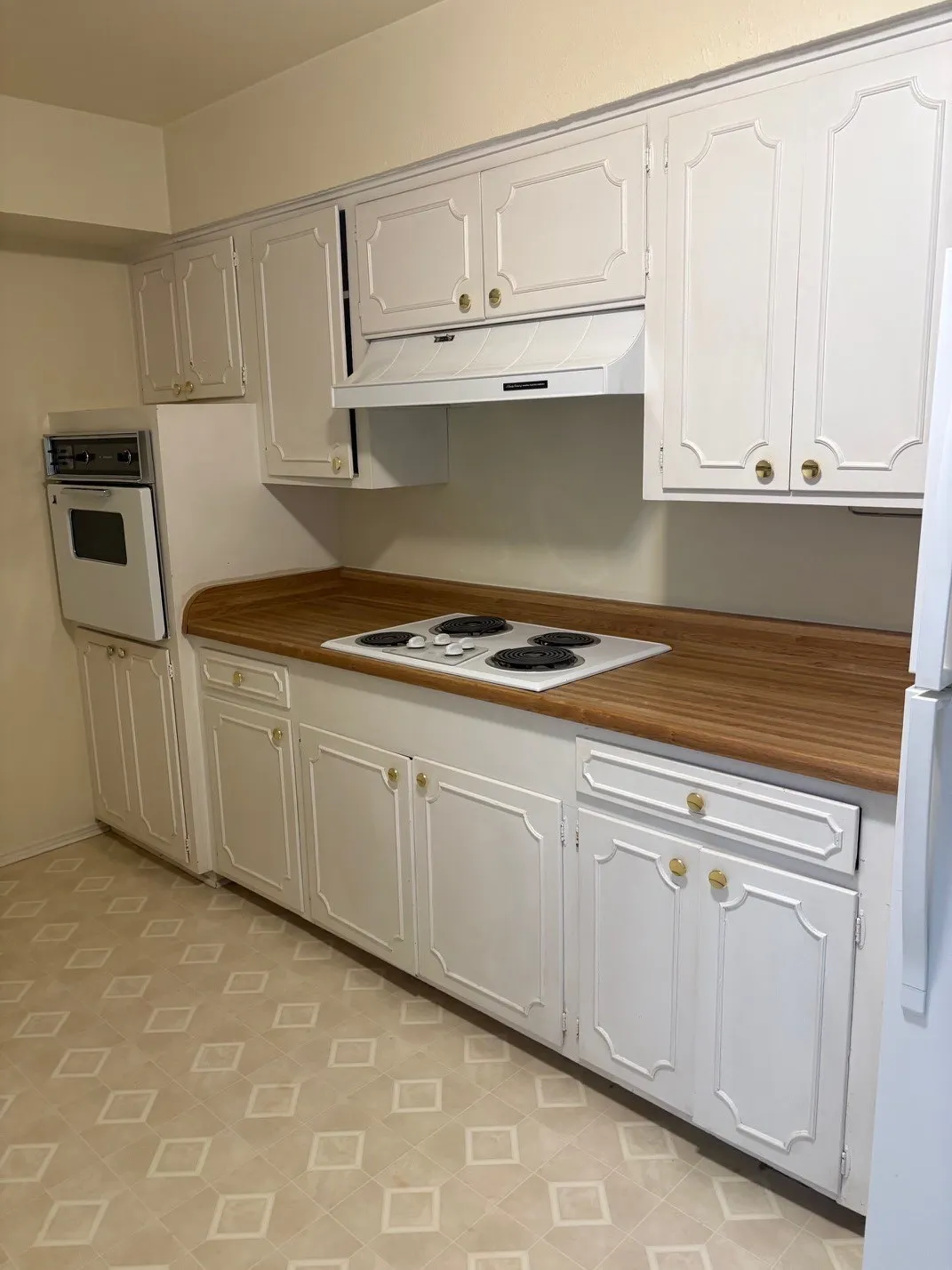White cabinetry with gold-tone hardware, wood-finish countertops, built-in oven, and a patterned floor