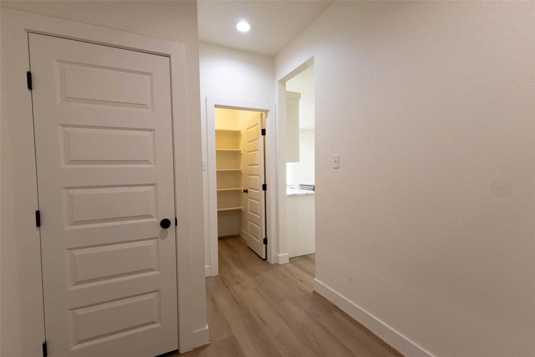 Hallway with wood-finish flooring, recessed lighting, and a pantry featuring built-in shelving