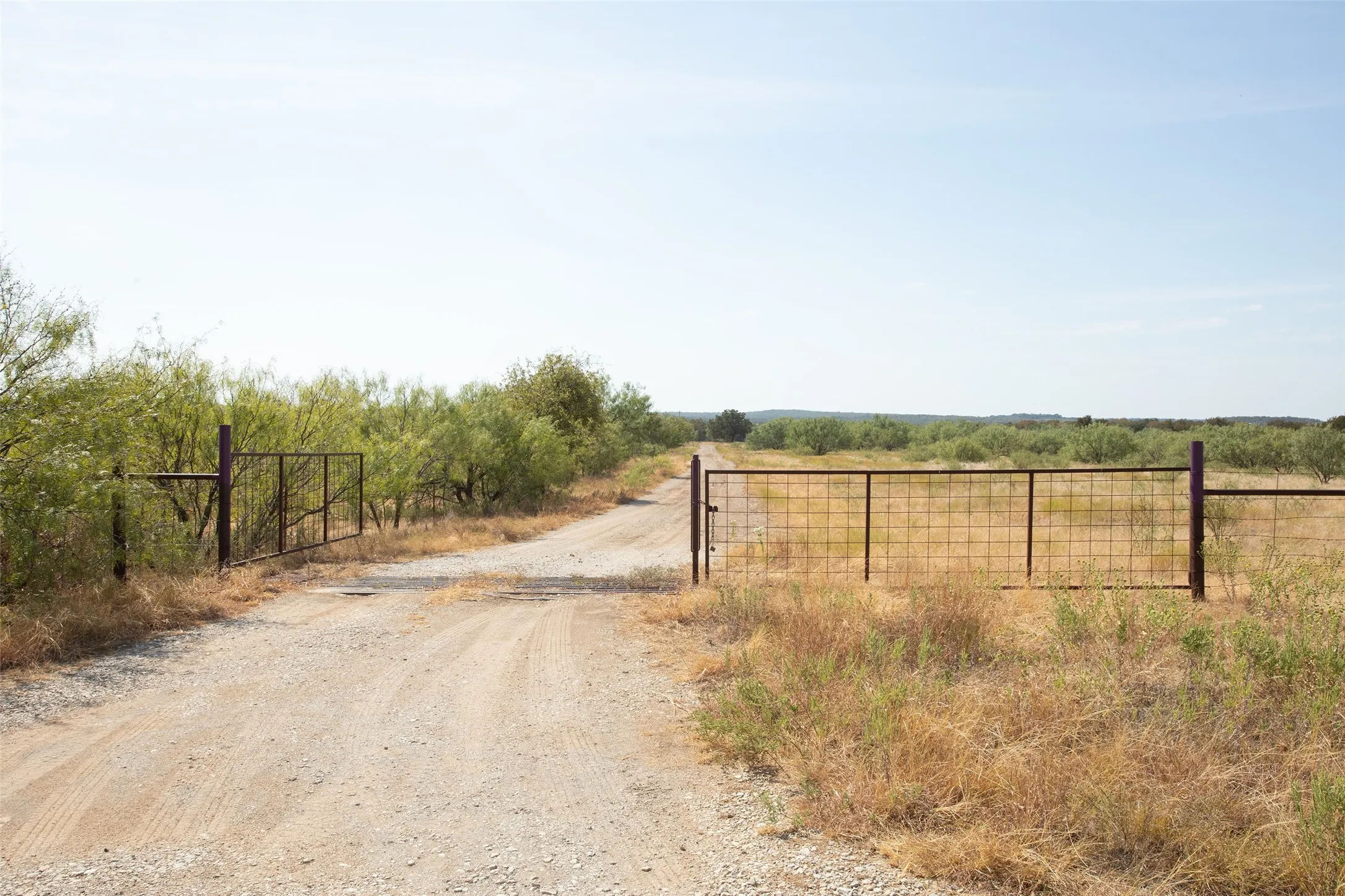 Gravel drive with a metal gate and extensive natural landscaping