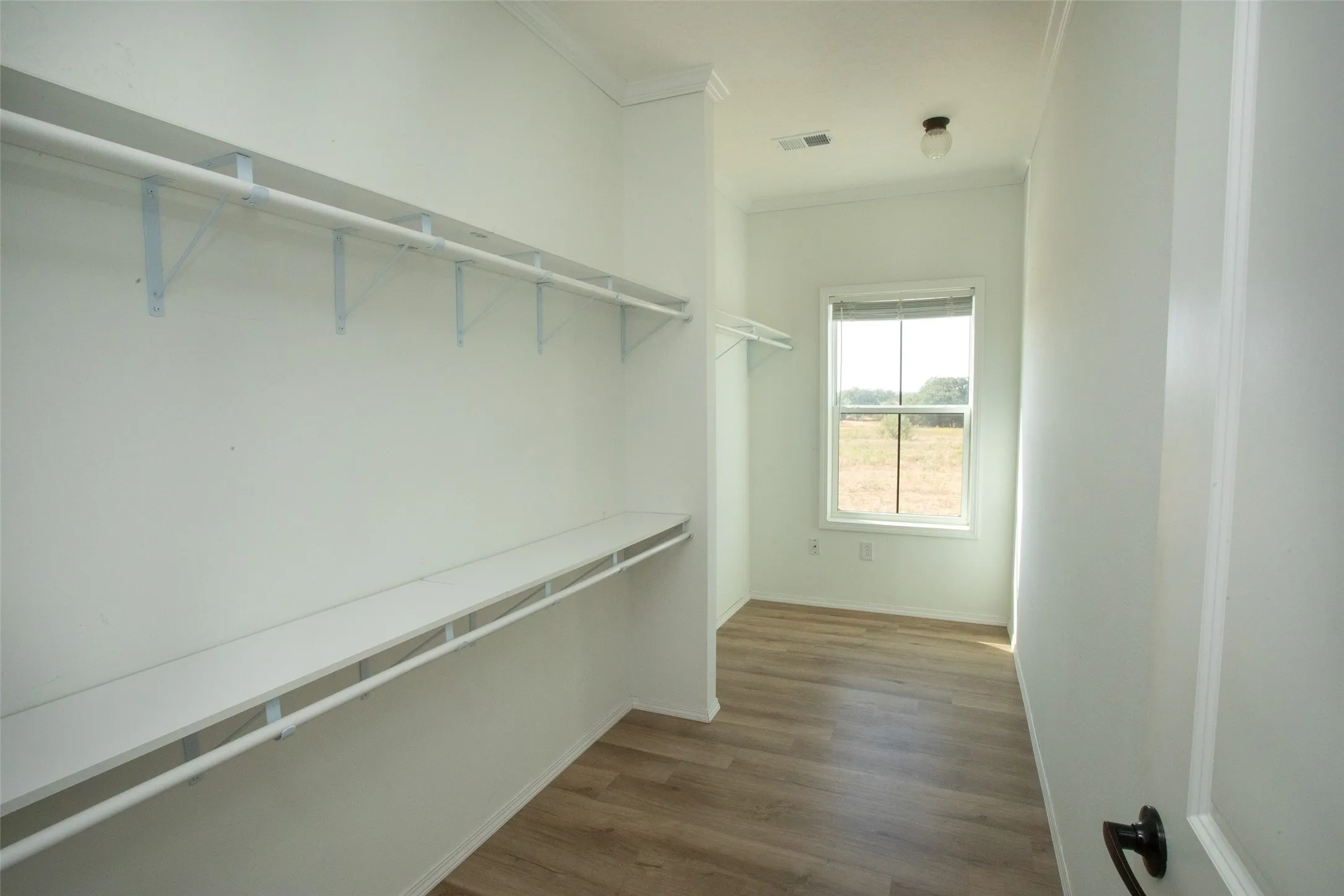 Built-in closet shelving and hanging rods, wood-finish flooring, and a window with exterior scenery