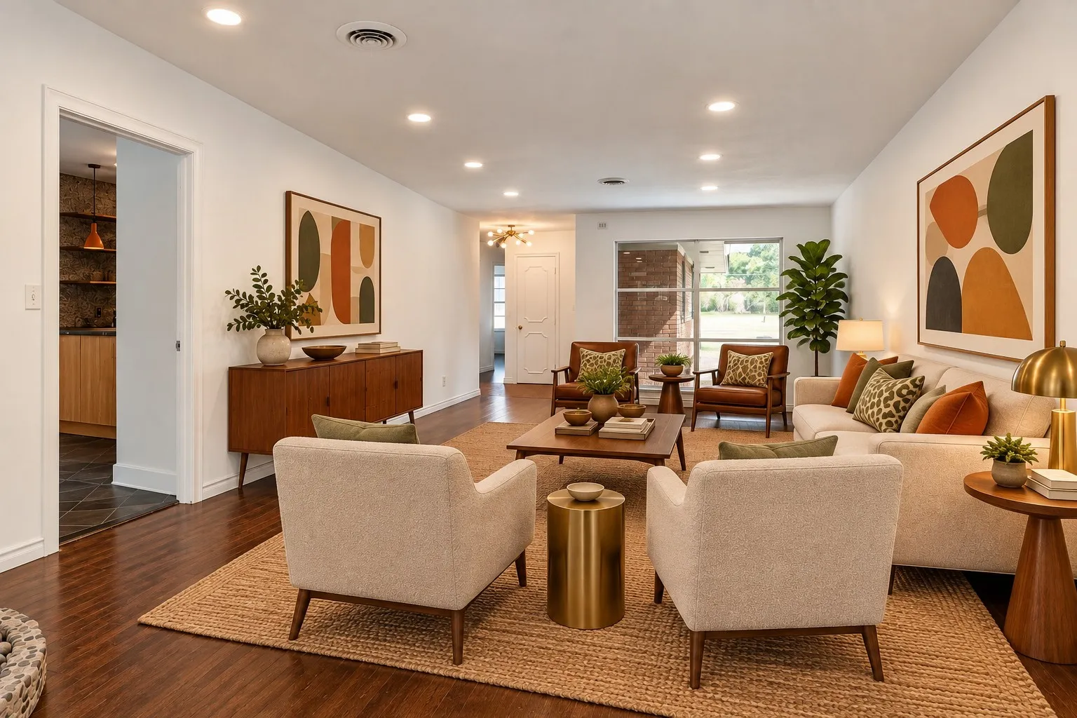 Digitally enhanced -Recessed lighting illuminates the wood-finish flooring