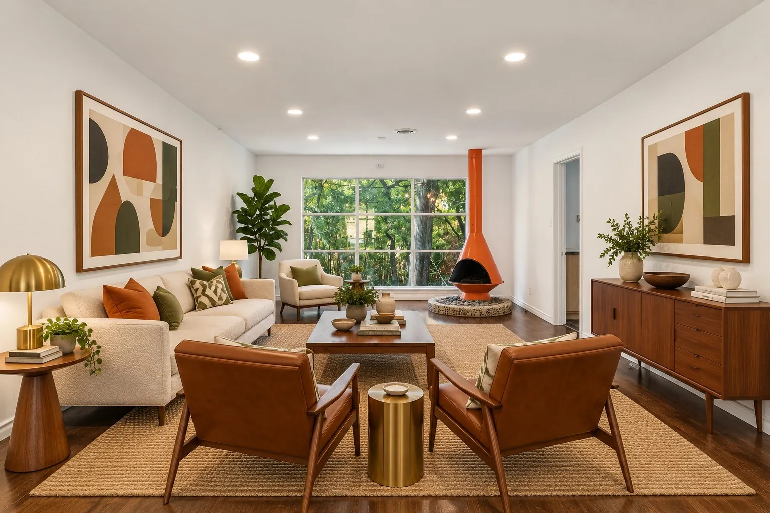 Digitally enhanced - Wood-finish flooring throughout, recessed ceiling lighting, a prominent orange freestanding fireplace, and a built-in wood-toned credenza
