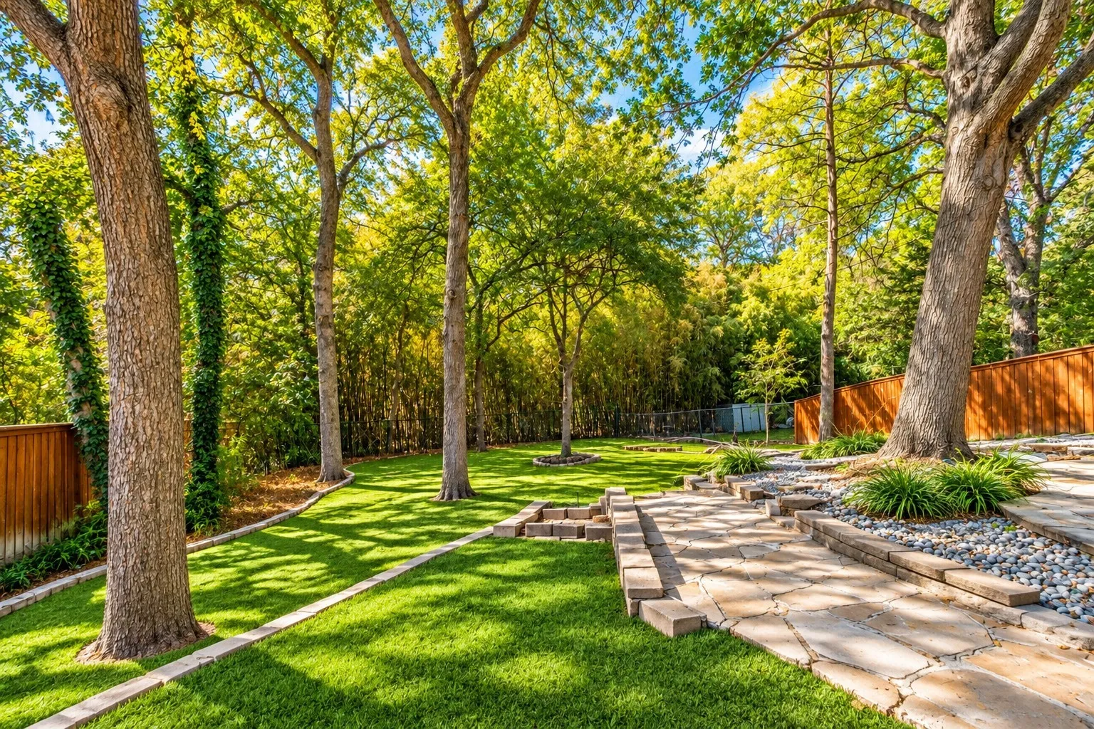 Digitally enhanced - Expansive lawn with mature trees, stone pathway, and retaining wall elements