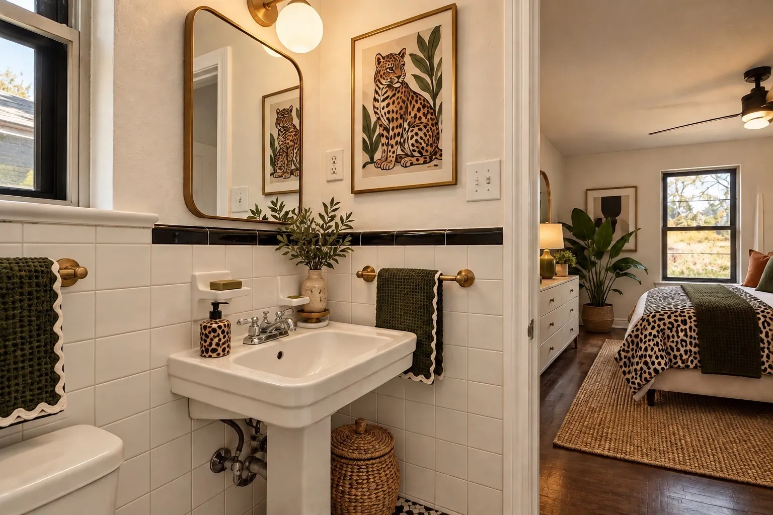 Digitally enhanced - Pedestal sink with chrome fixtures, gold-toned wall sconce, and gold-framed rectangular mirror