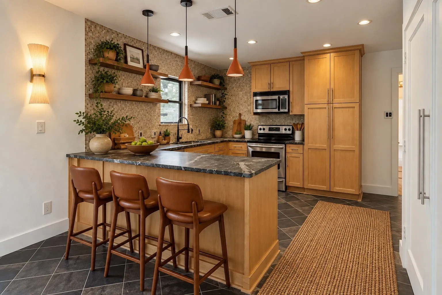 Digitally enhanced - Kitchen featuring a U-shaped countertop, wood cabinetry, stainless steel appliances, open shelving, and dark tile flooring