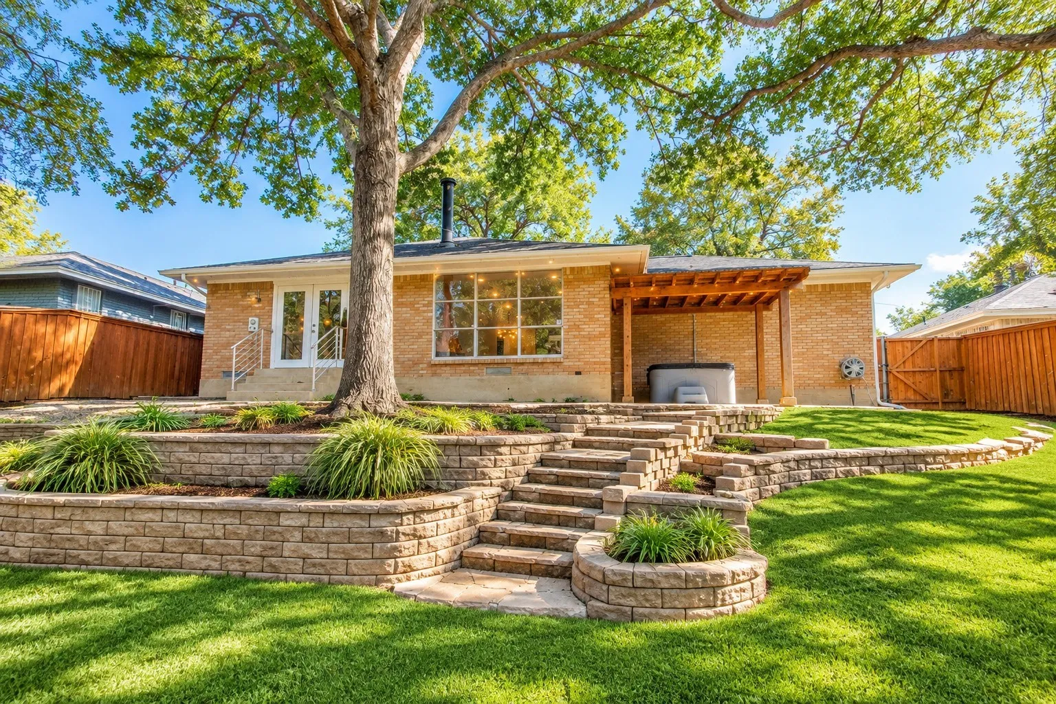Digitally enhanced - Brick exterior with a covered patio and built-in spa