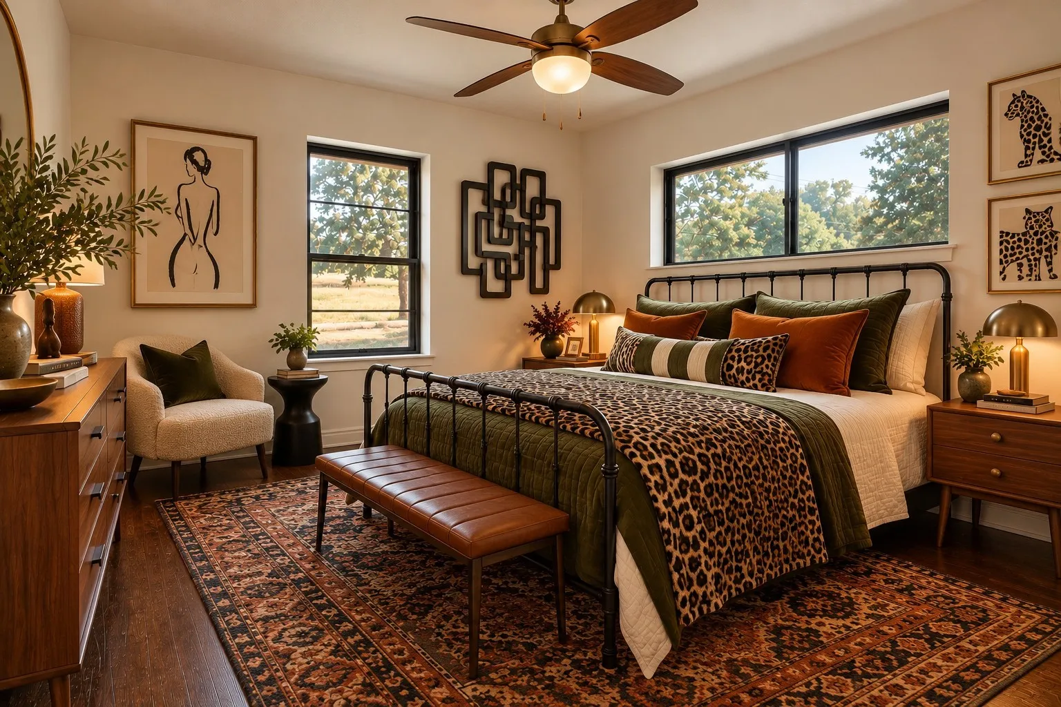 Digitally enhanced - Wood-finish flooring, ceiling fan with integrated lighting, multiple windows with black trim, and a metal bed frame