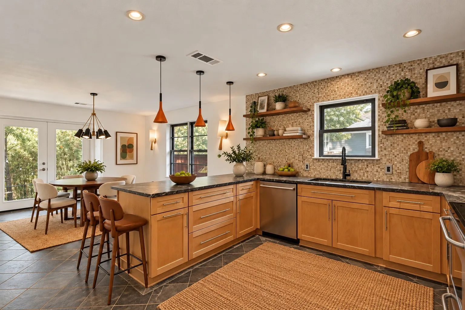 Digitally enhanced - Kitchen featuring wood-finish cabinetry, dark countertops, a mosaic tile backsplash, and stainless steel appliances