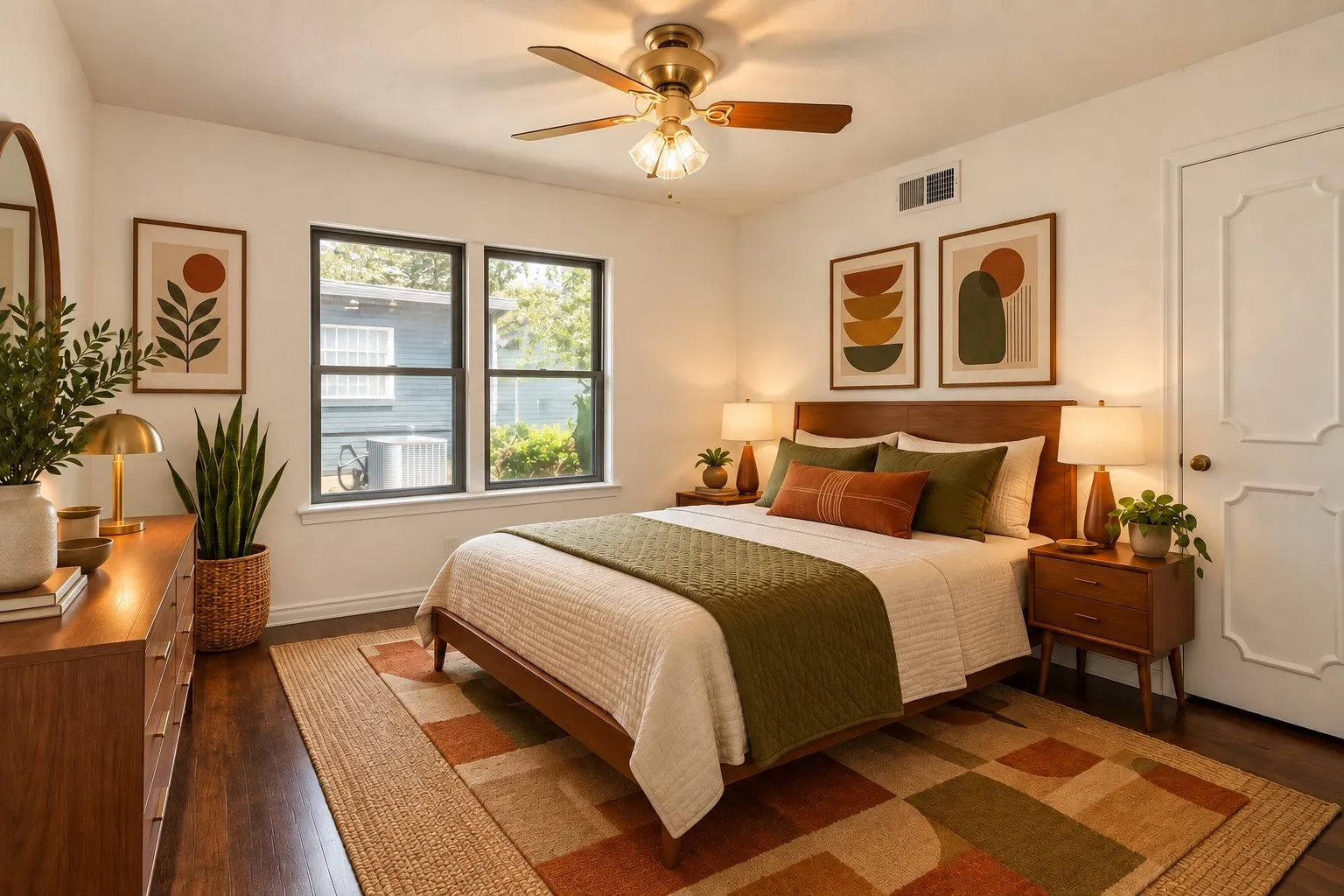 Digitally enhanced - Wood-finish flooring, ceiling fan with integrated lighting, two double-hung windows, and a paneled door