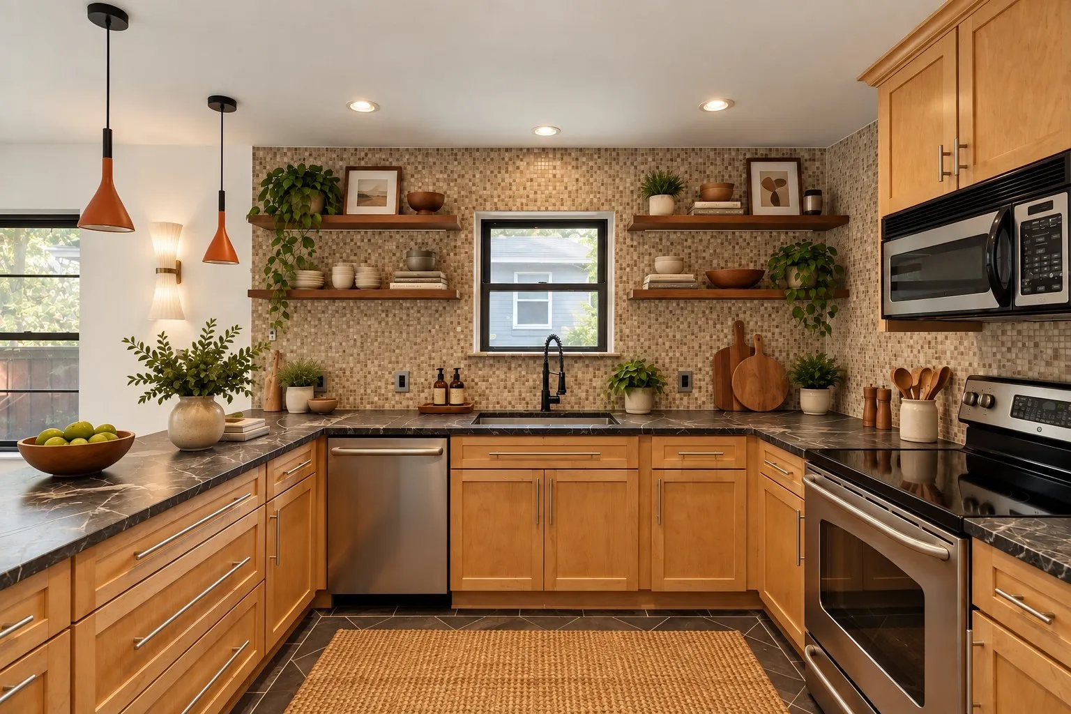 Digitally enhanced - U-shaped kitchen featuring wood cabinetry, dark countertops, a mosaic tile backsplash, and stainless steel appliances