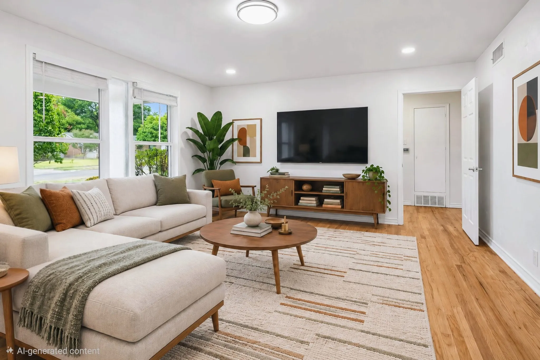 Living Area with rich refinished original hardwood floors and recessed lighting.(Virtually Staged)