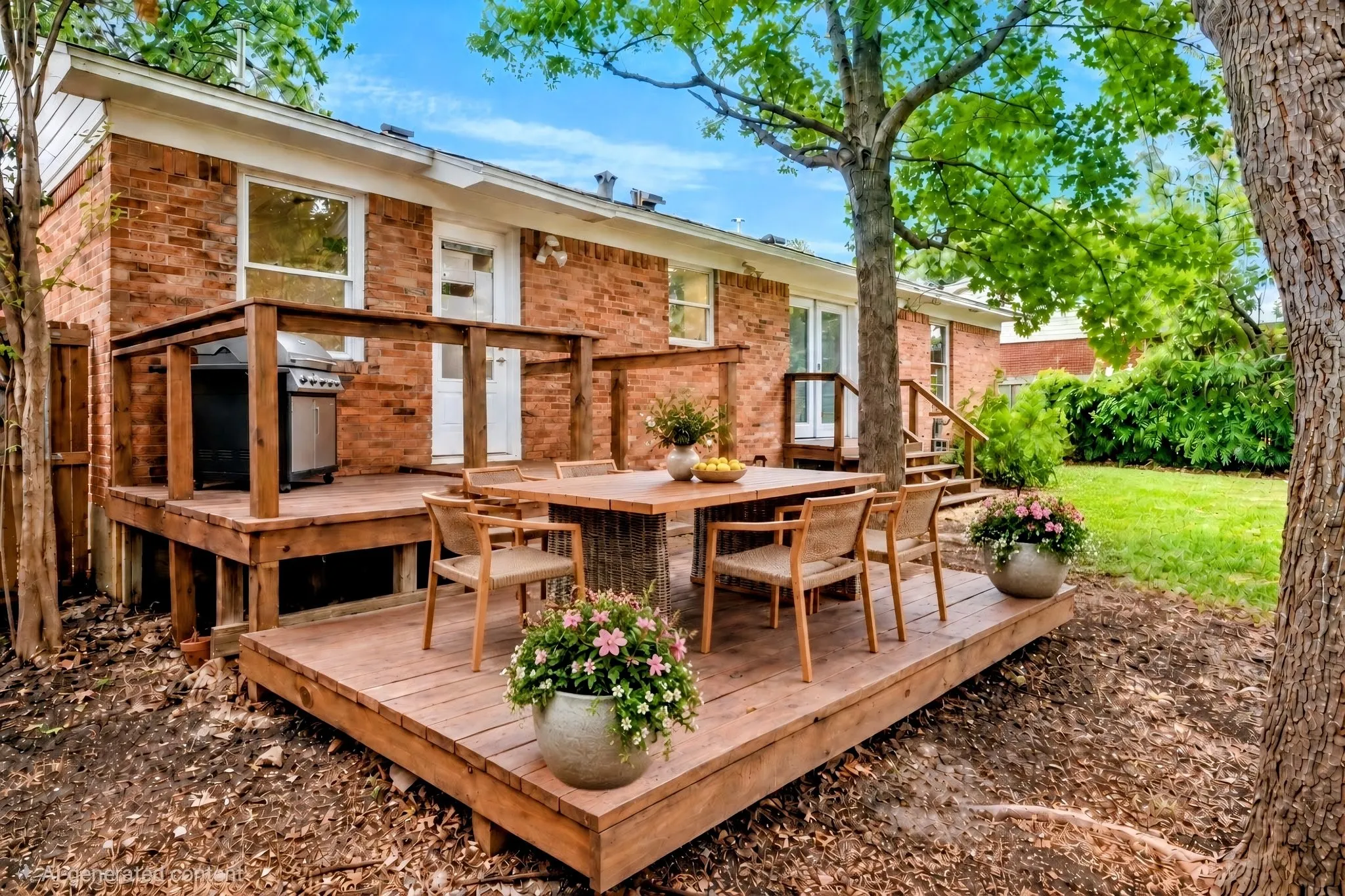 Two tier solid wood deck is great for entertaining or chill and grill weekends.