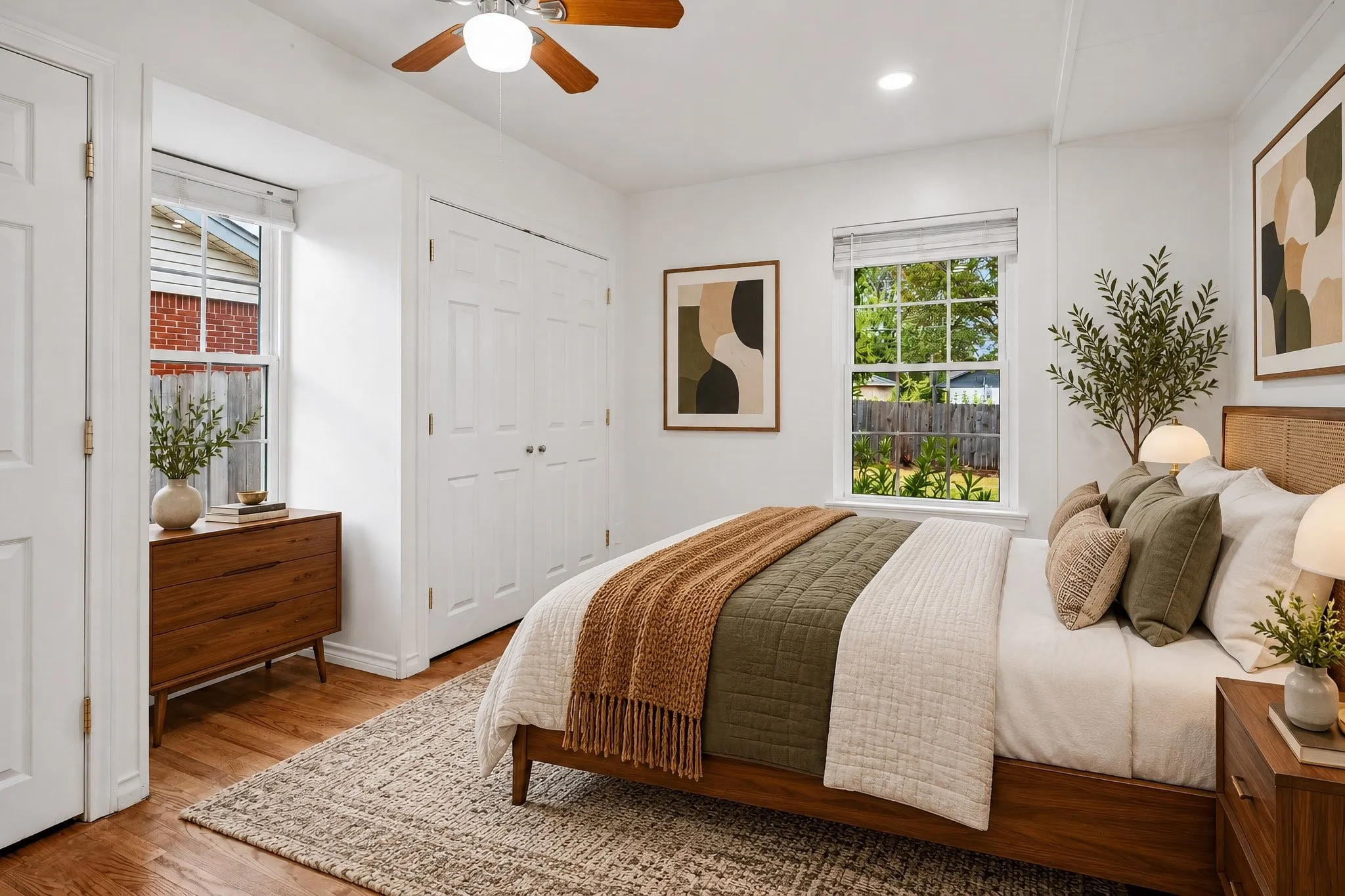 Primary bedroom with rich hardwood floors and plenty of natural light.(Virtually Staged)