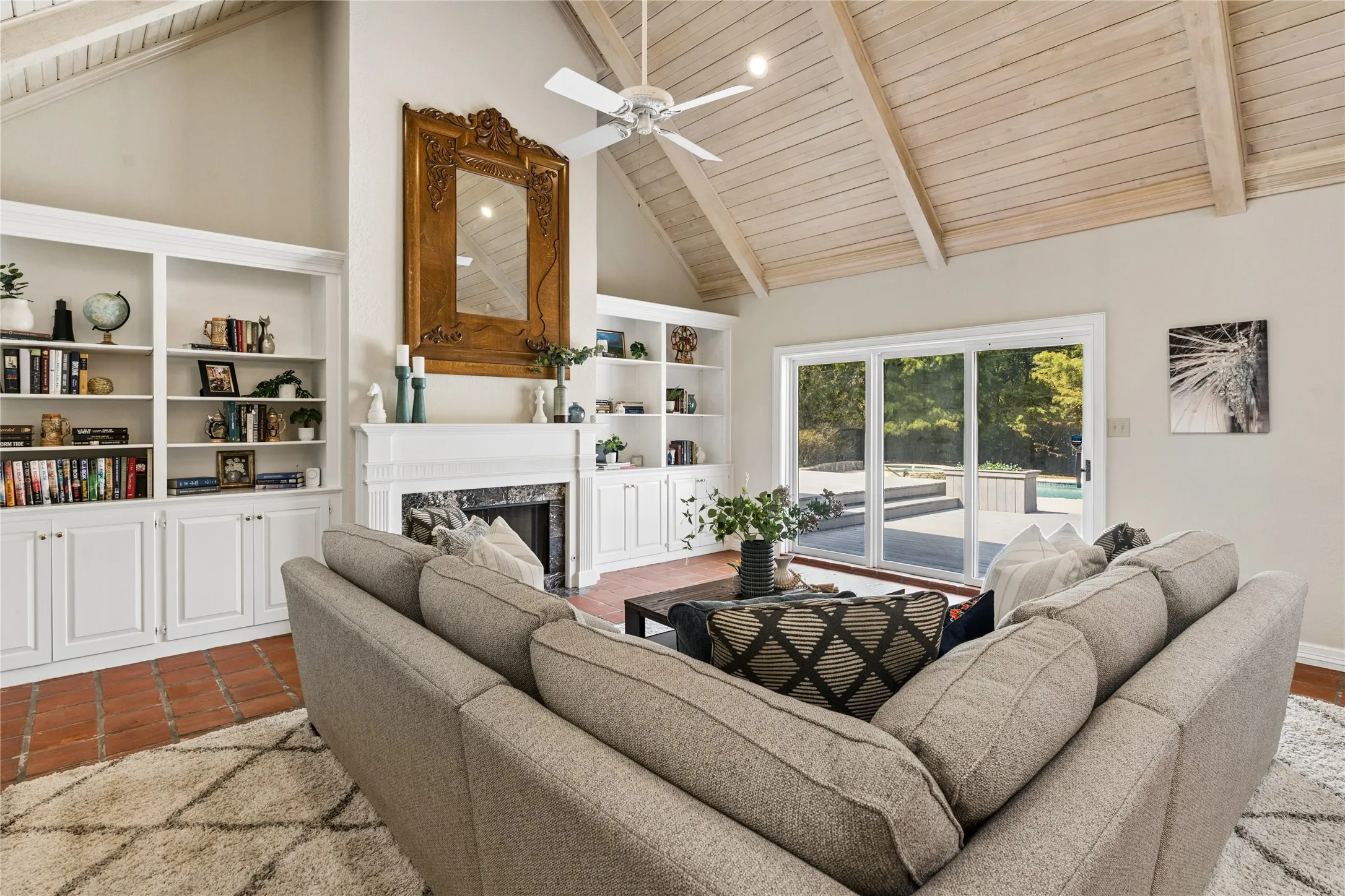 Paneled cathedral ceilings in formal living space.