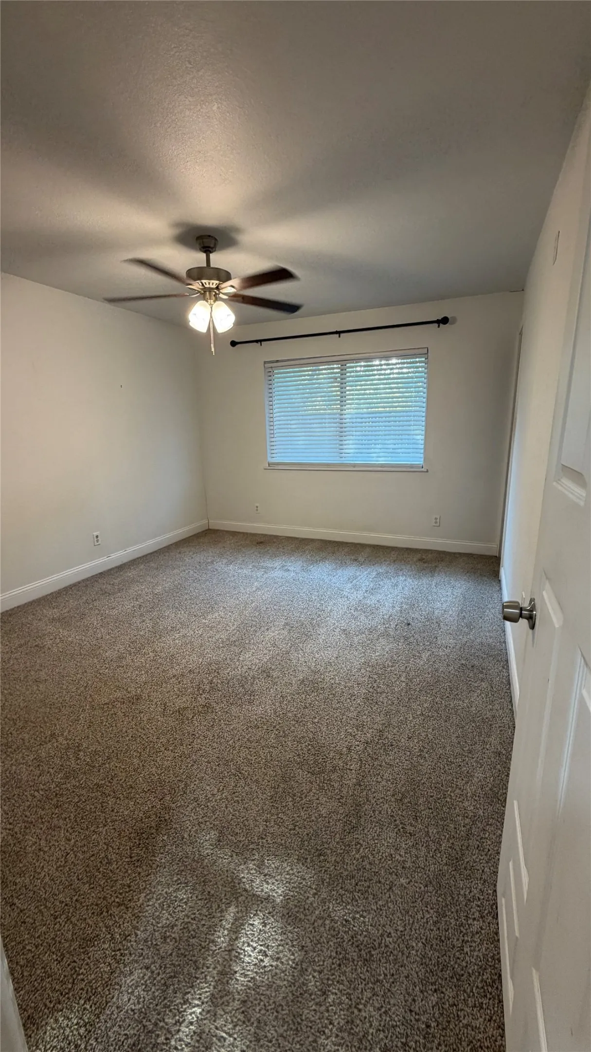 Carpeted flooring, ceiling fan with integrated lighting, window with blinds, and white paneled door