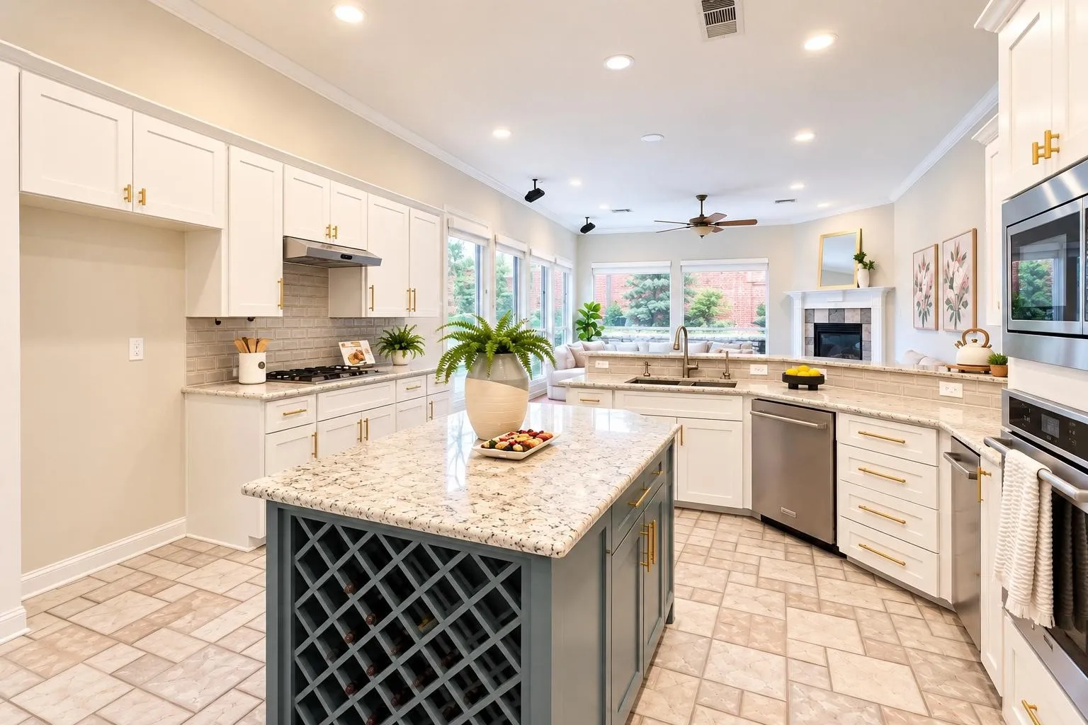 Kitchen featuring white cabinetry, light-toned countertops, a center island with integrated wine storage, stainless steel appliances, and tile flooring