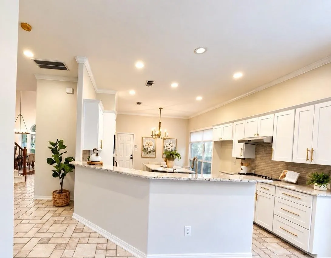 Kitchen featuring white shaker-style cabinetry, granite countertops, a built-in range hood, a tile backsplash, and recessed lighting
