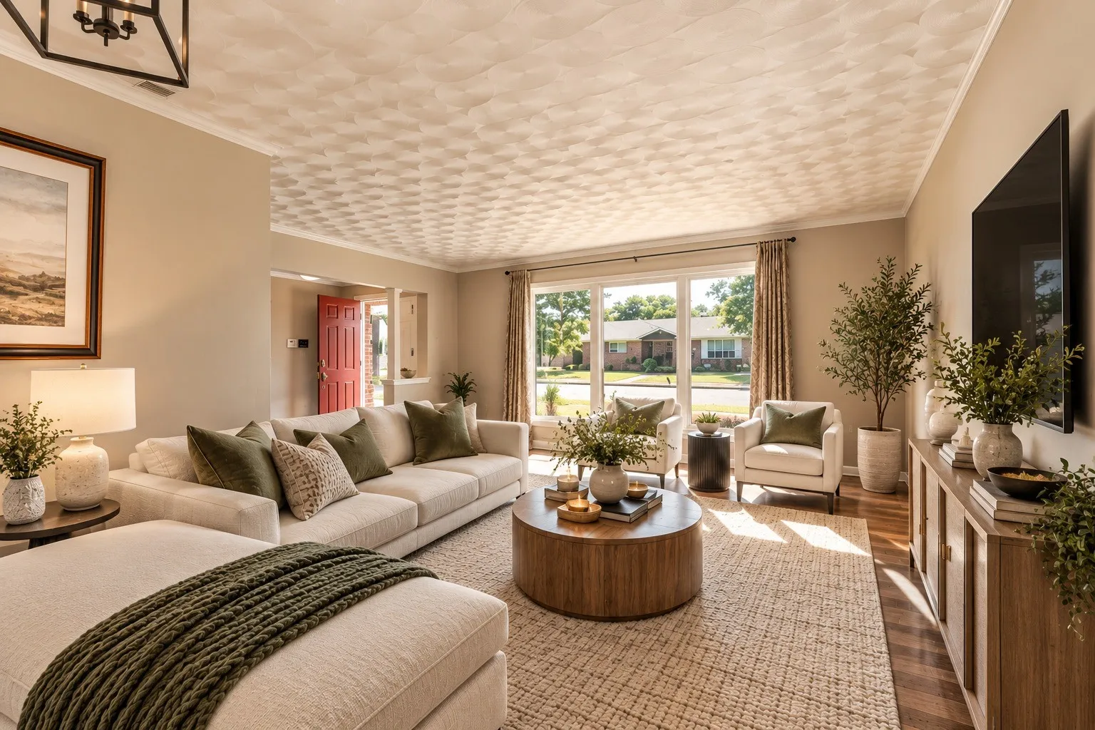 Spacious living area featuring large windows, wood-finish flooring, and crown molding