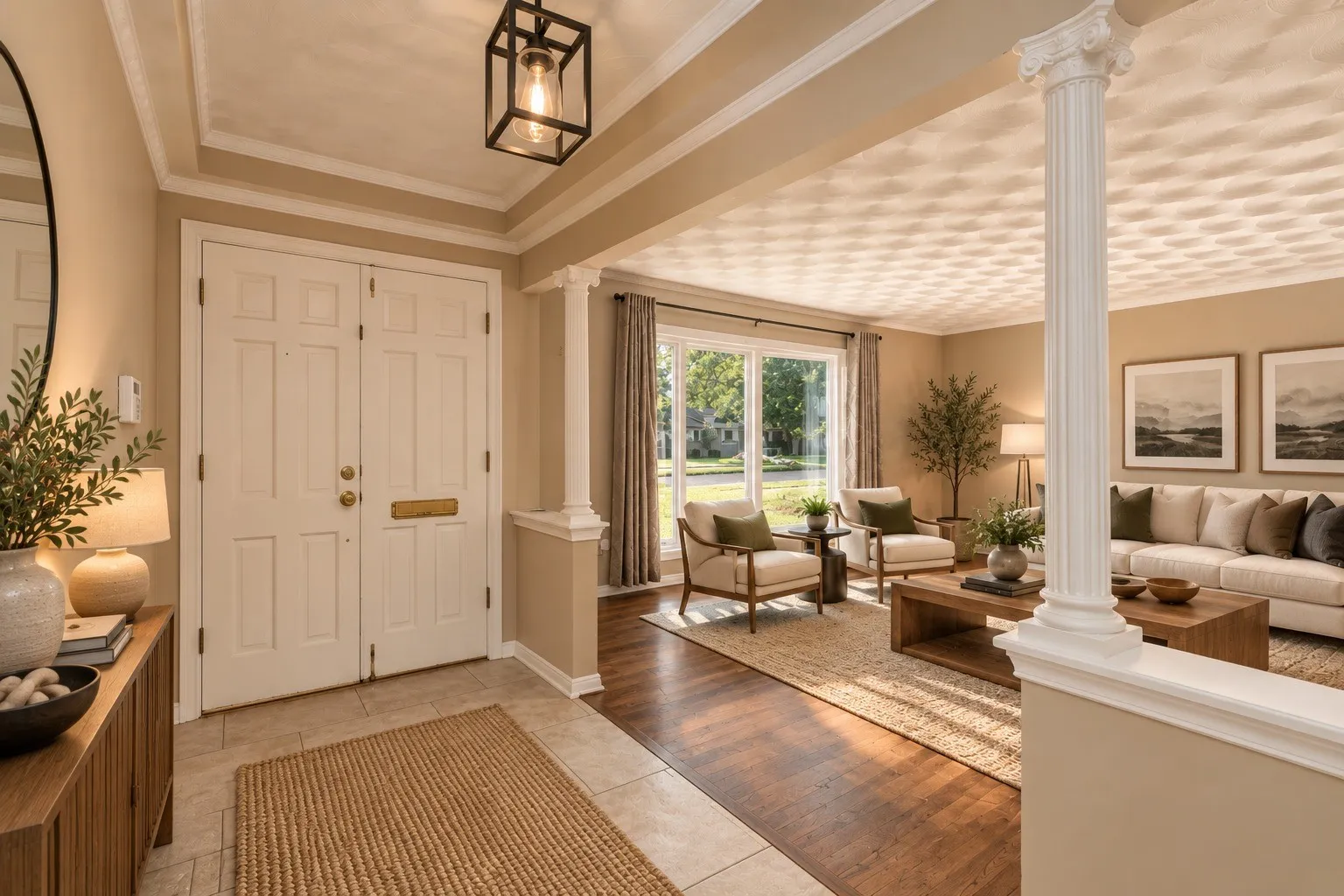 Double entry doors and a coffered ceiling complement the wood-finish flooring and architectural columns
