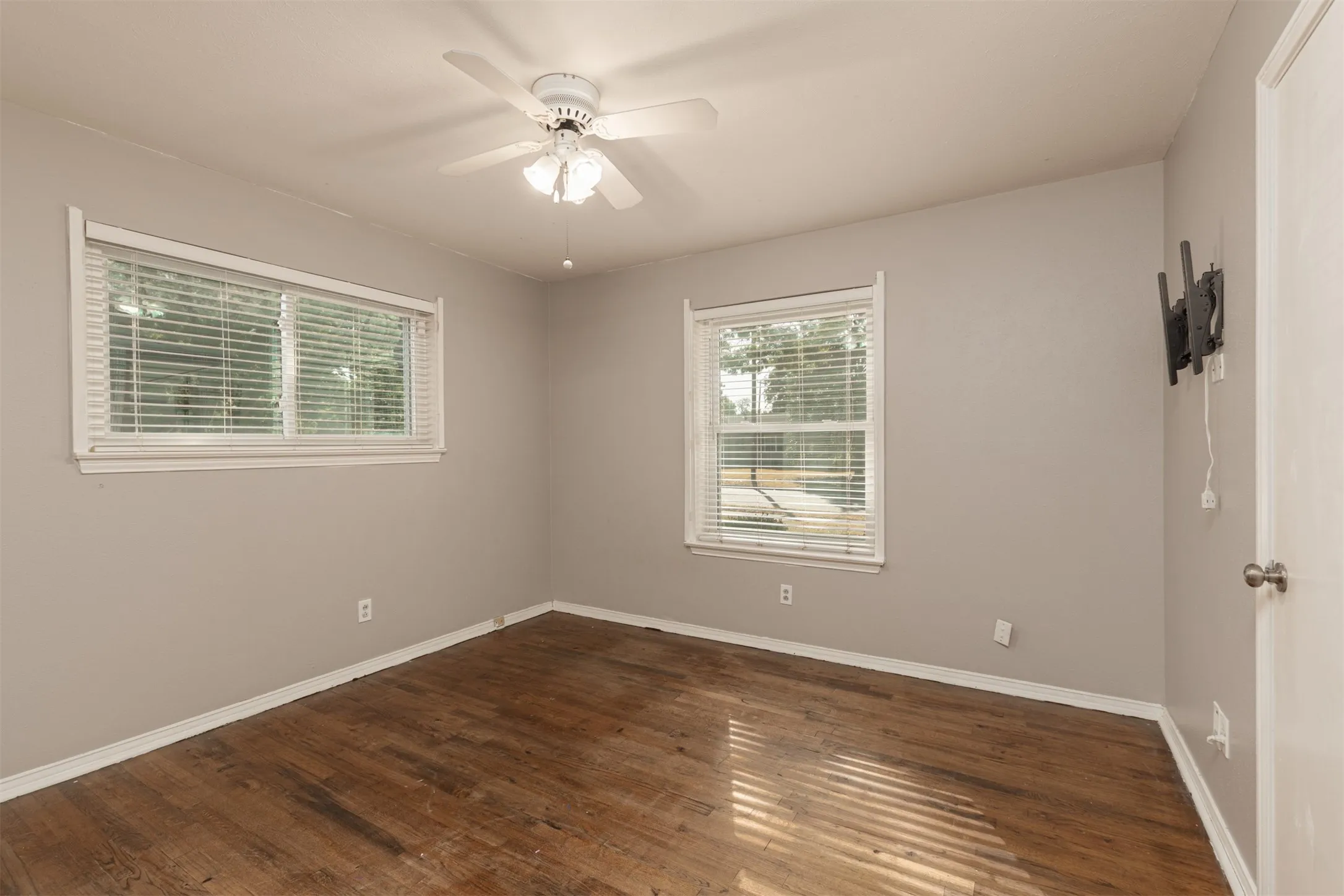 Wood-finish flooring, two windows with blinds, ceiling fan, and light gray wall finish