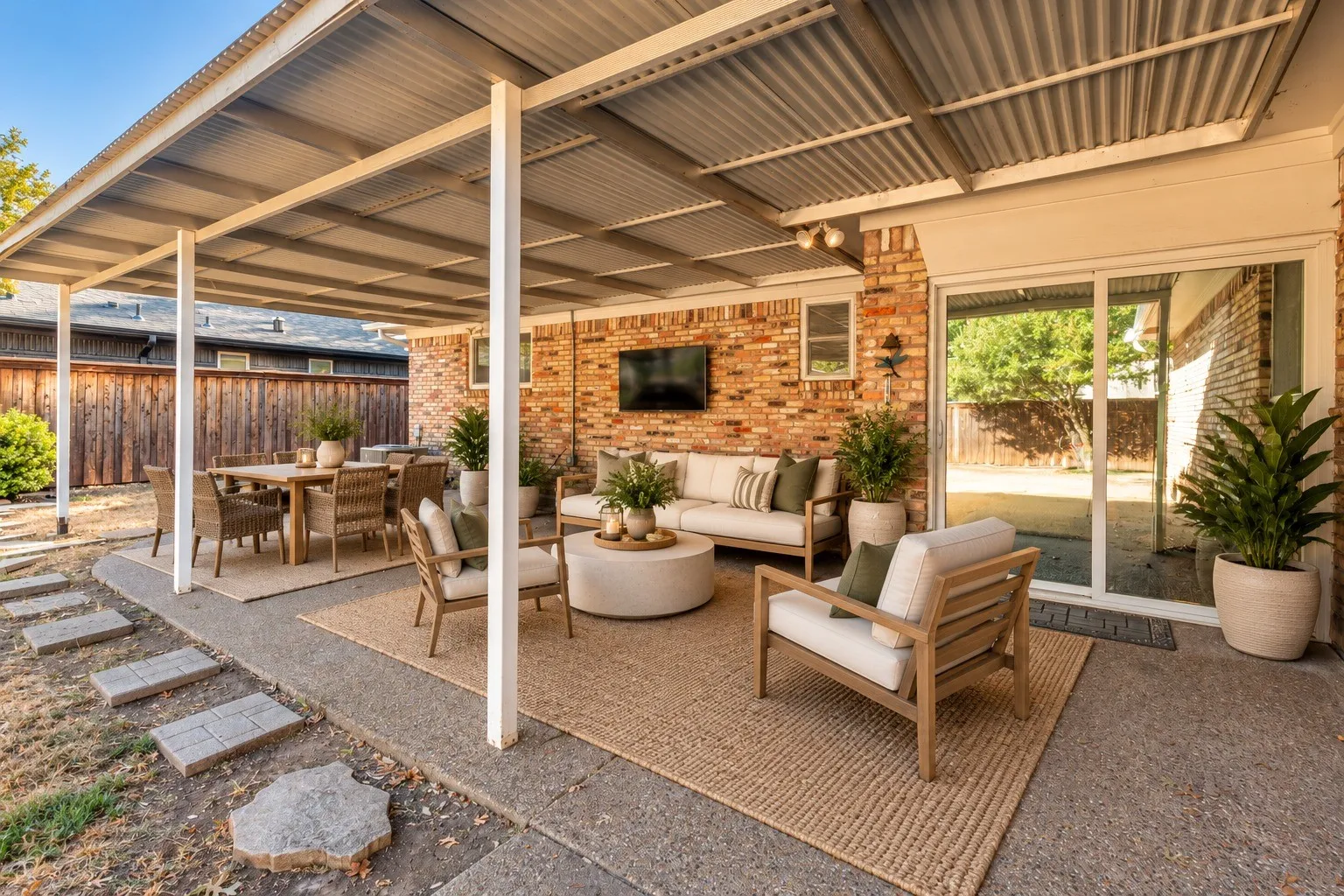 Covered patio with a corrugated metal roof, brick exterior, and concrete flooring