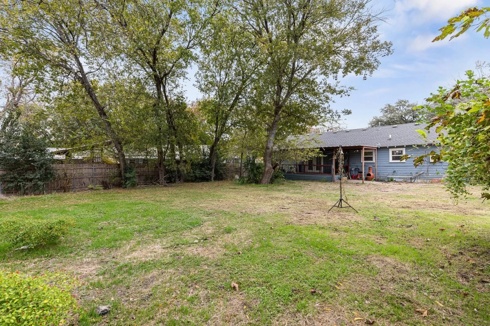 Expansive backyard with a manicured lawn, established trees, and a privacy fence
