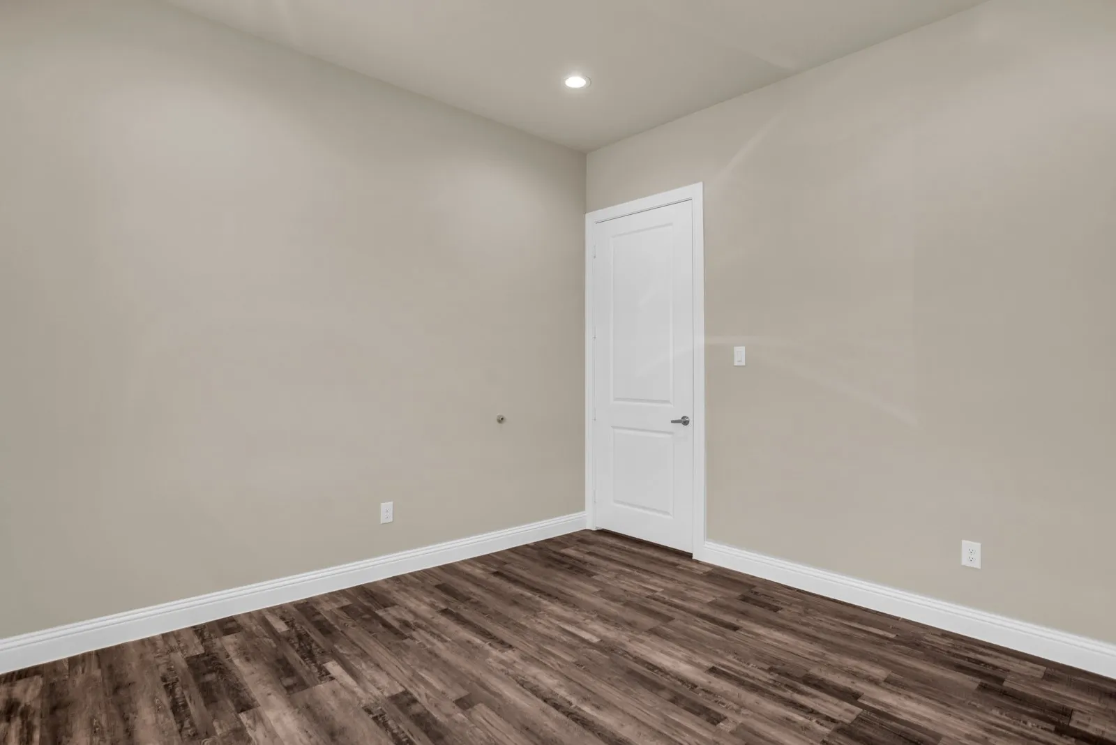 Recessed ceiling lighting, neutral wall tones, wood-finish flooring, white trim, and a contemporary panel door