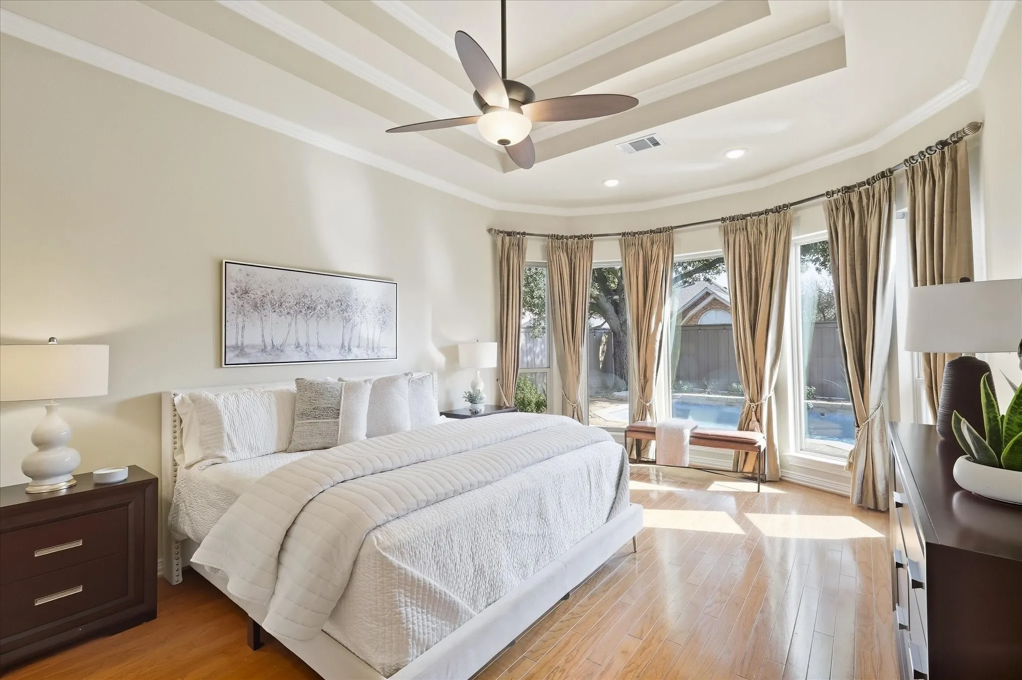 Elegant Primary Bedroom w-Room Darkening Drapes creates an Impressive Presentation