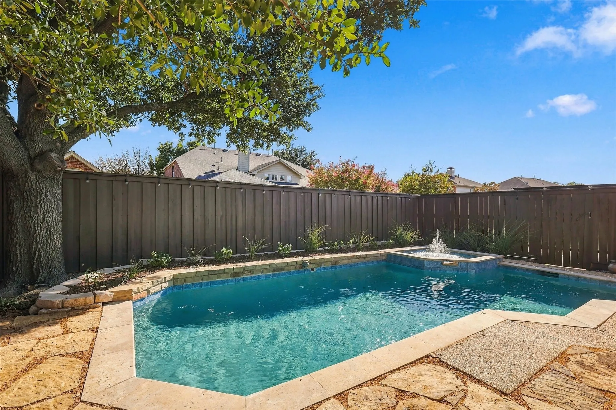 Remodeled Pool & Spa to Aqua Blue Mini-Pebbles & Tropical Sea-Light Tile