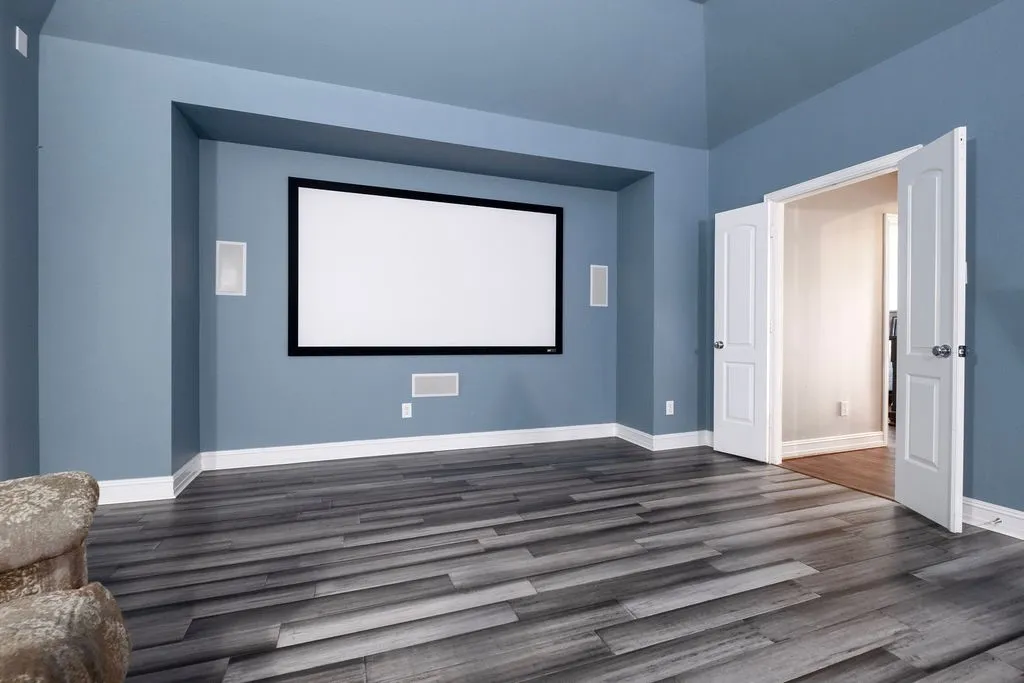 Massive media room projection screen, projector, built-in speakers for sound included