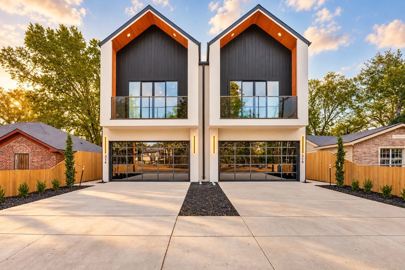 Modern duplex featuring a white stucco and black siding exterior, vaulted wood-finish porch ceilings, glass panel garage doors, and a concrete driveway