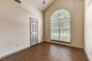 Vaulted ceiling, arched window, wood-finish flooring, ceiling fan, paneled door