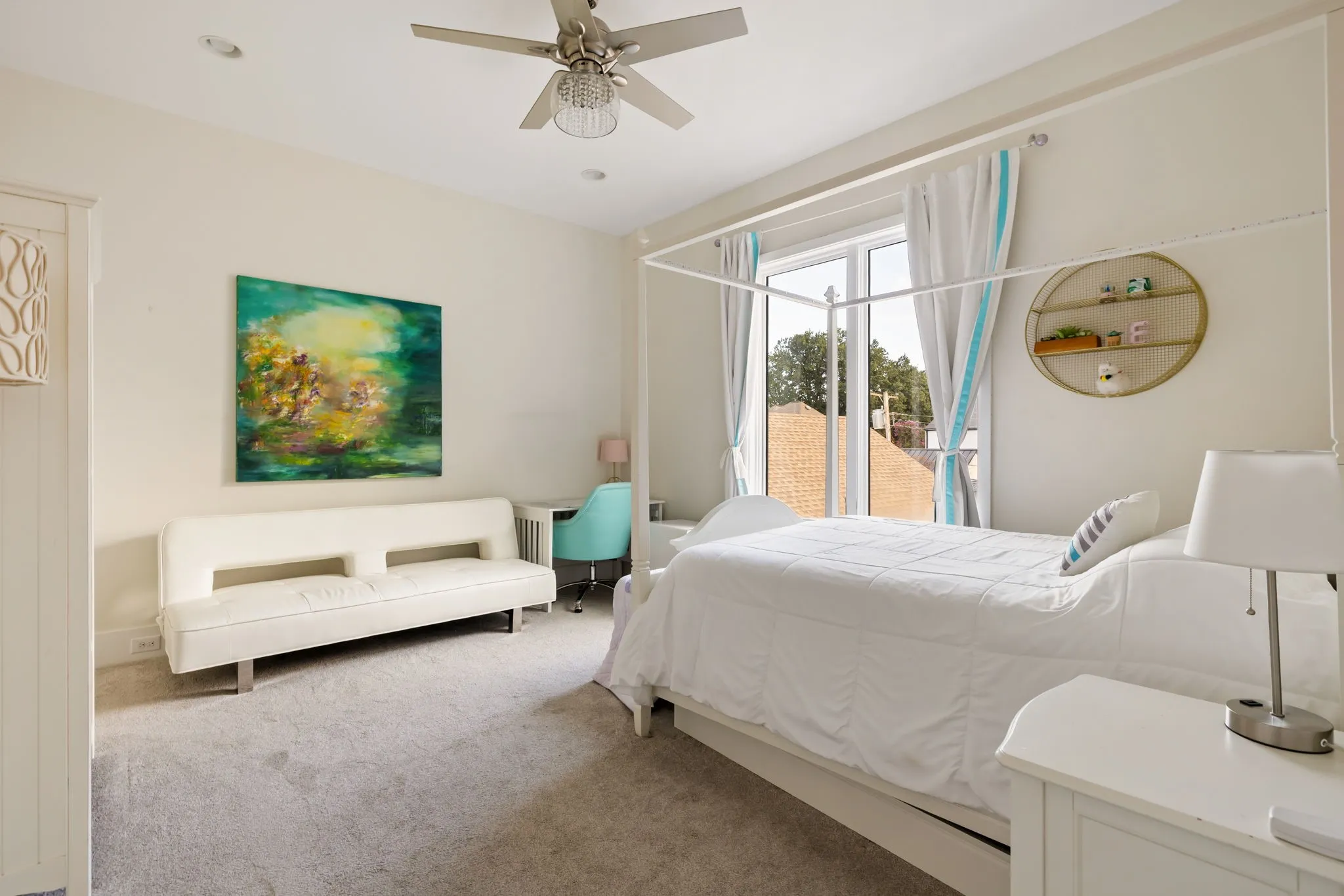 Recessed ceiling lighting, ceiling fan with light kit, large window with natural light, and carpeted flooring