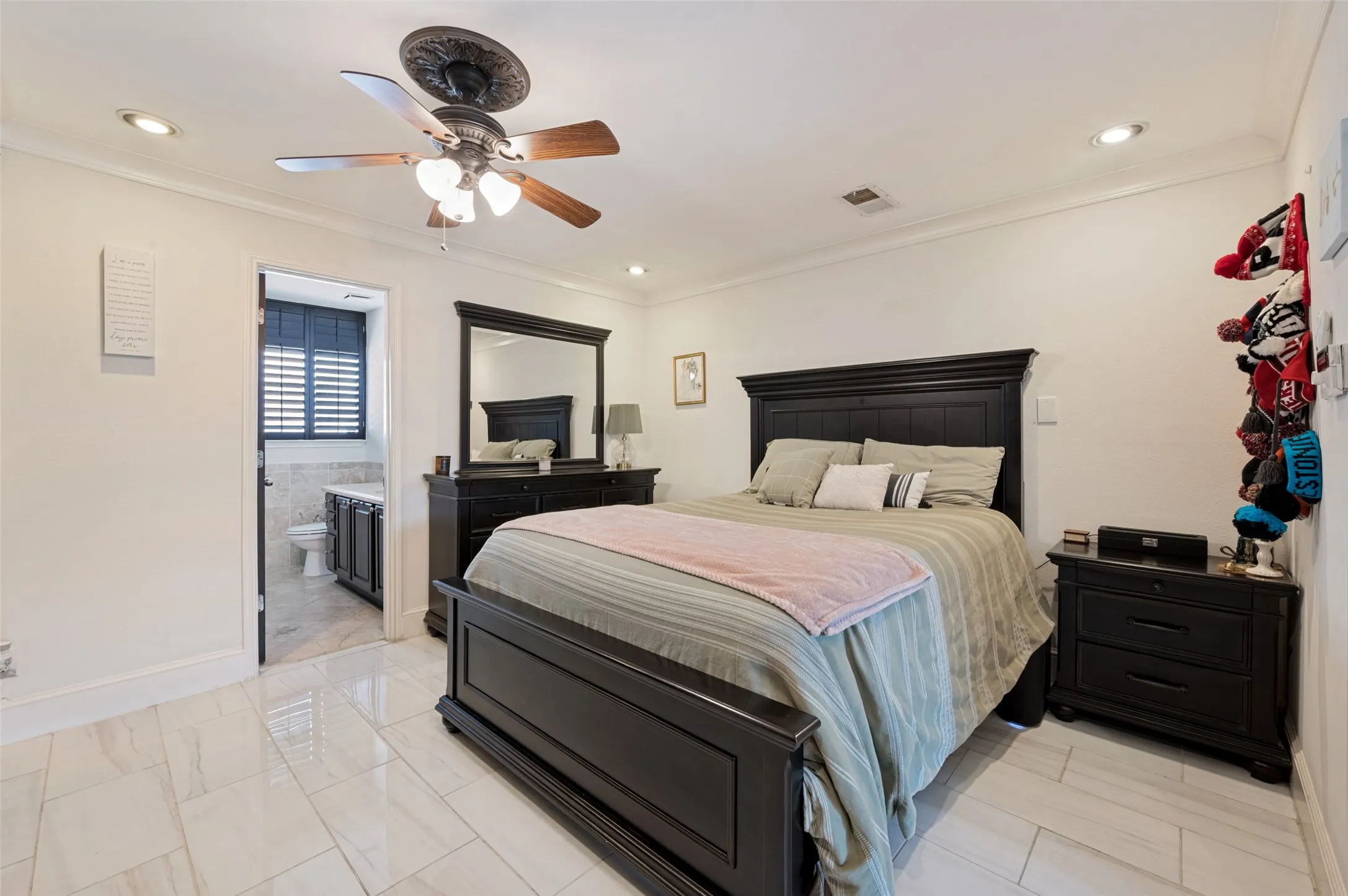 White tile flooring, recessed lighting, ceiling fan, crown molding, and a bathroom access