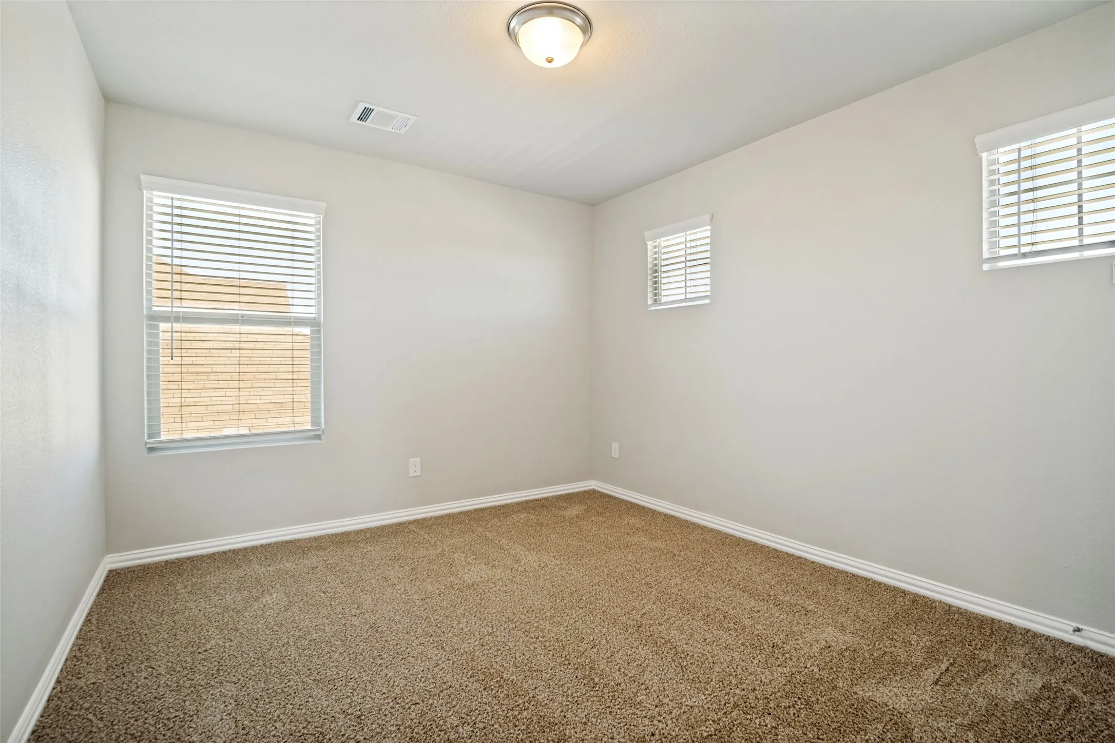 Neutral toned walls with carpeted flooring, multiple windows featuring blinds, and a flush mount ceiling light fixture