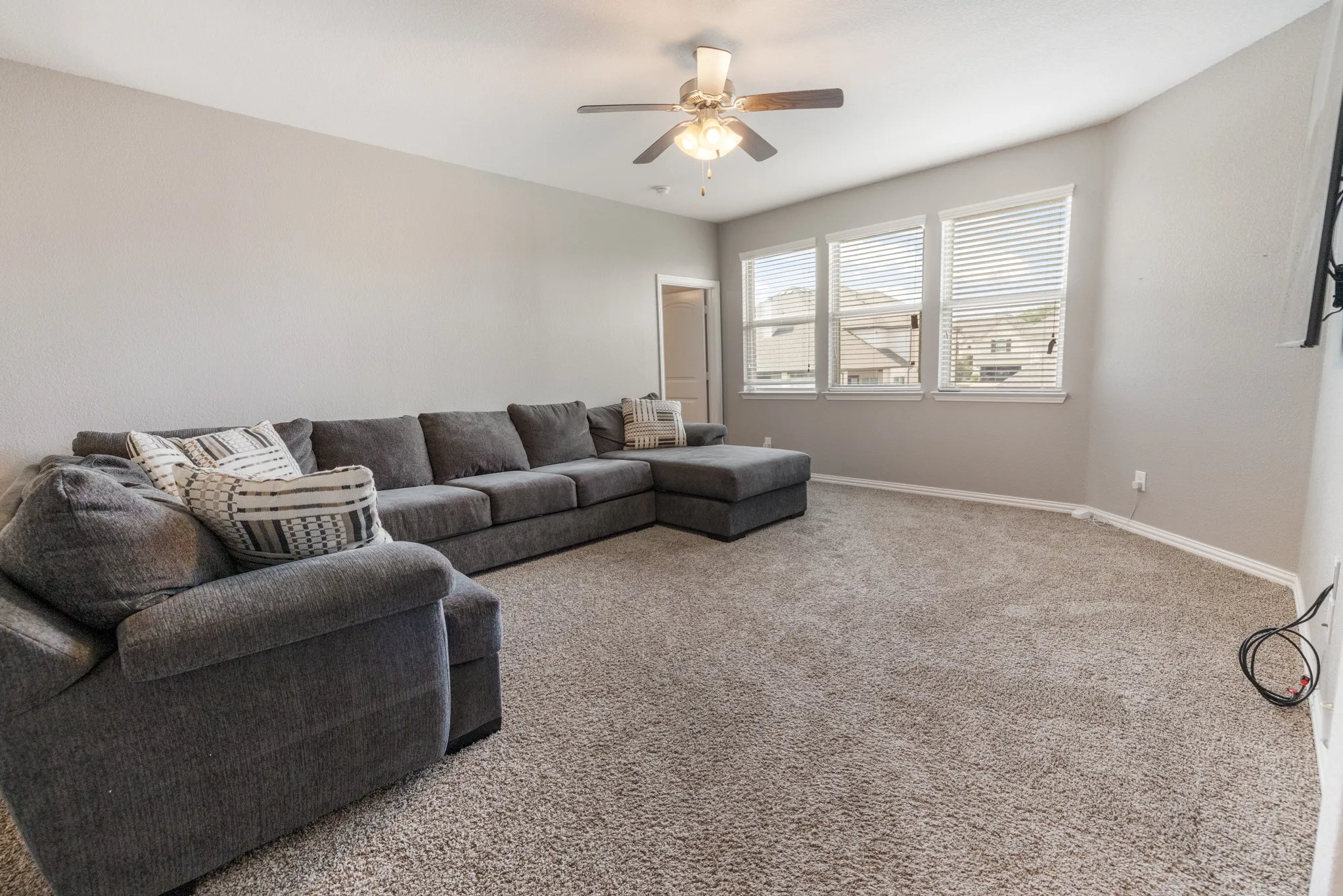 Carpeted room with a ceiling fan, three windows with blinds, and white trim